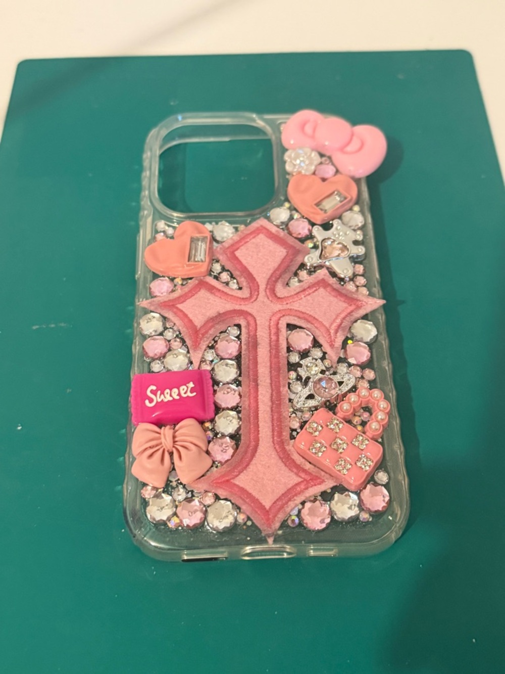 Pink Cross Rhinestone Decorative Clear Phone Case - Brand Unknown
